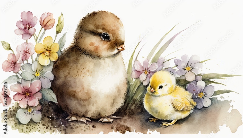  a watercolor painting of a chick and a chickling.  generative ai