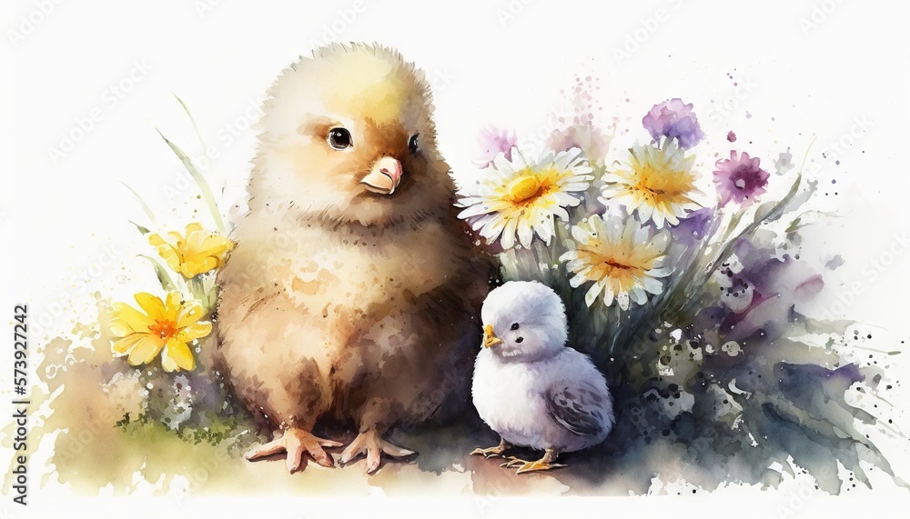  a watercolor painting of a chicken and its chickling.  generative ai