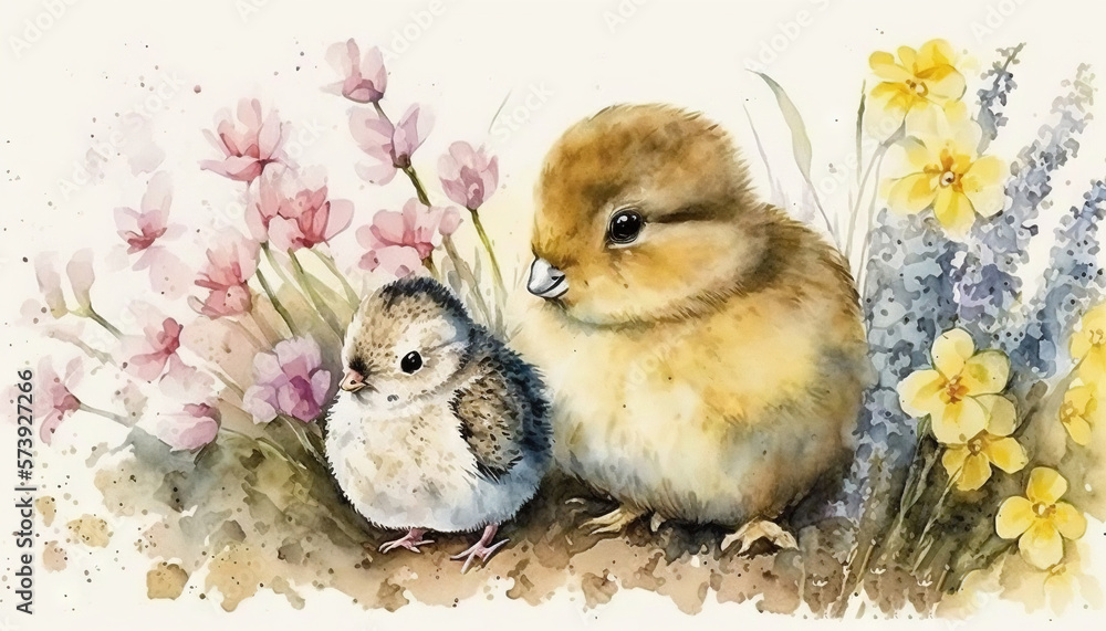  a watercolor painting of two chicks sitting next to each other.  generative ai