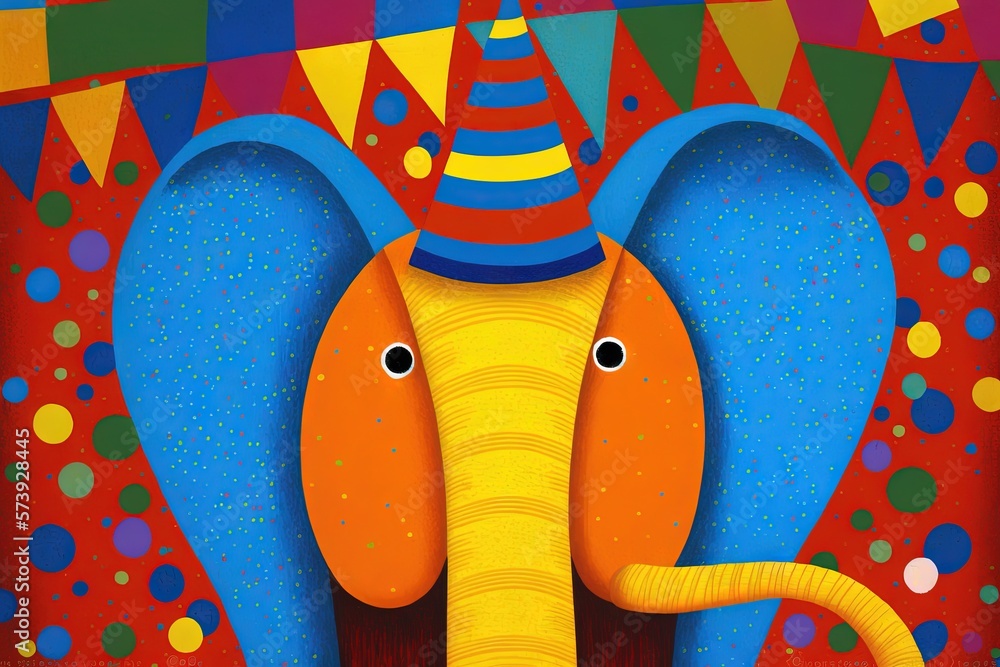  a painting of an elephant with a party hat on its head.  generative ai