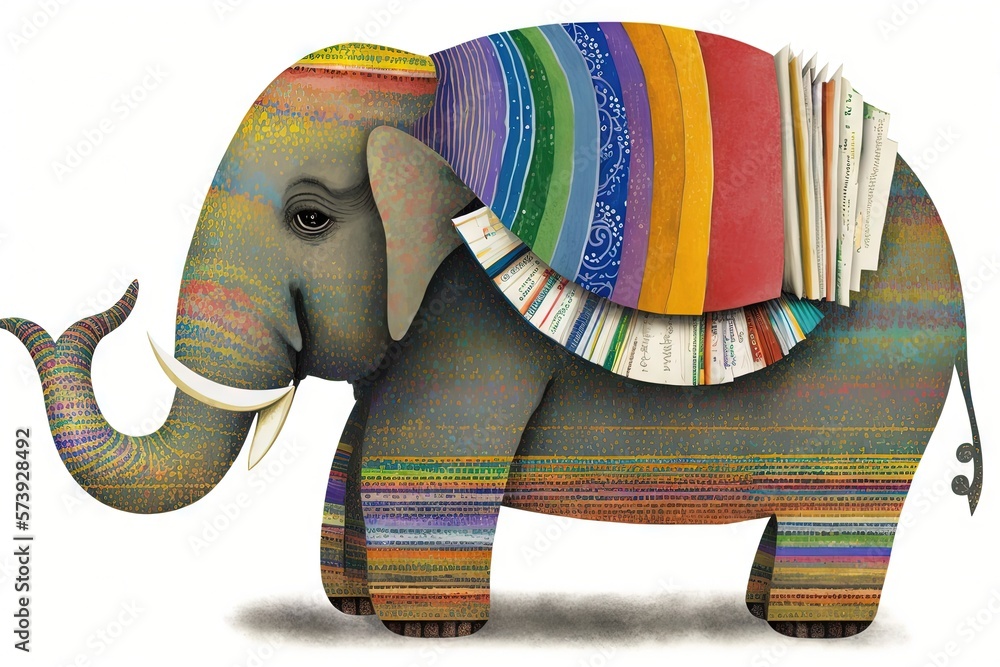  a colorful elephant with a stack of books on its back.  generative ai