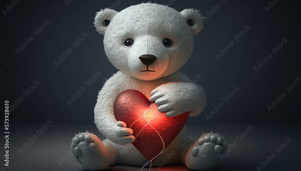  a white teddy bear holding a red heart on a dark background.  generative ai