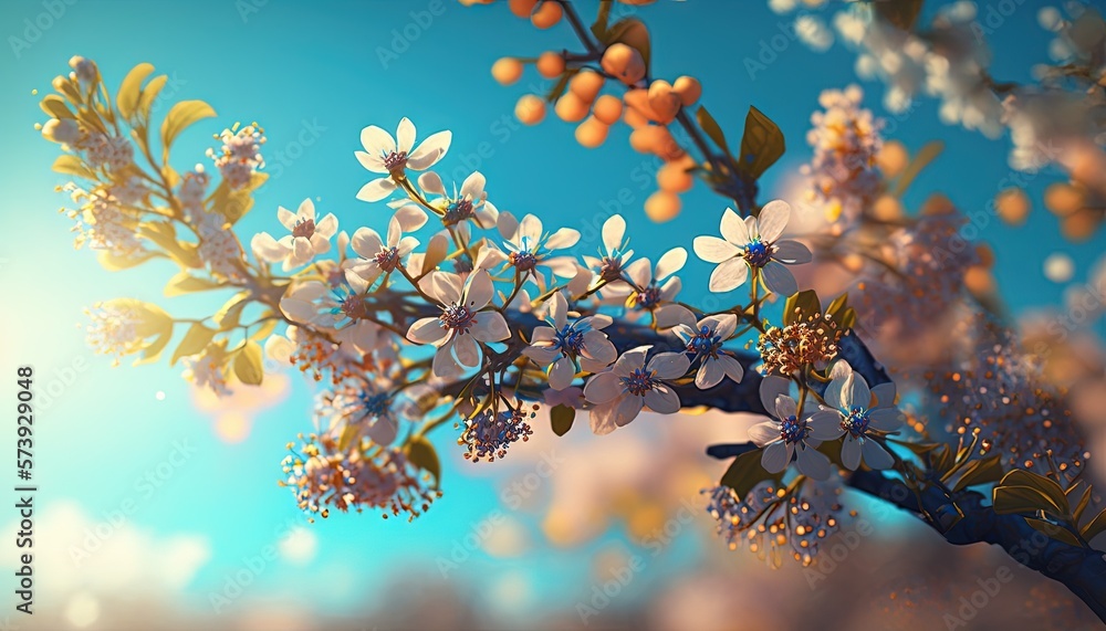  a branch of a tree with white flowers and green leaves.  generative ai