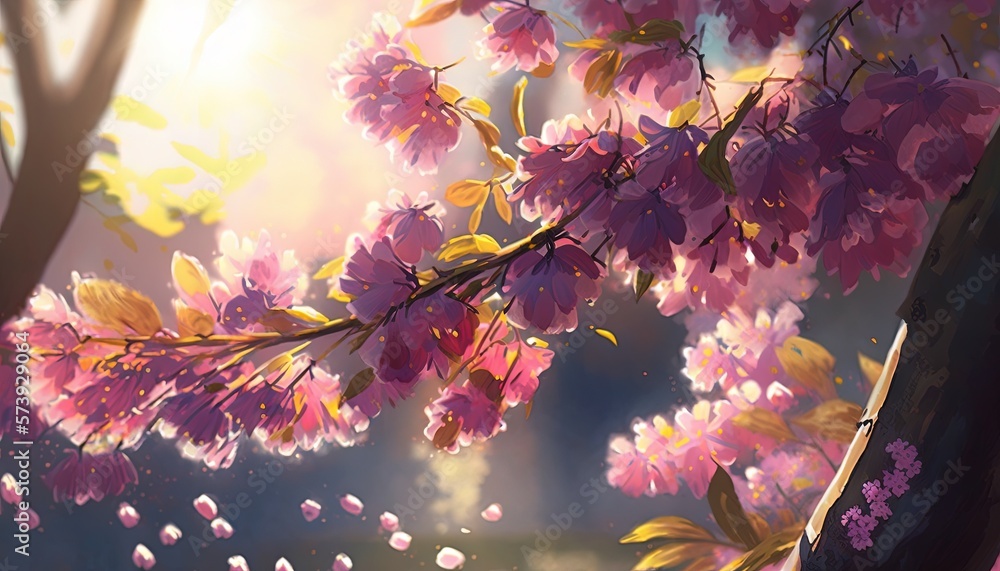  a painting of a tree with pink flowers in the sunlight.  generative ai