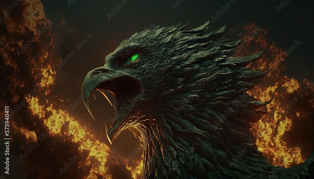  a large bird with green eyes in front of a fire.  generative ai