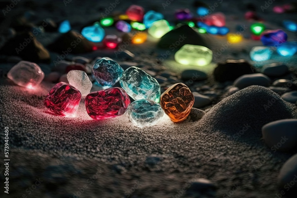  a group of colorful lights sitting on top of a sandy ground.  generative ai