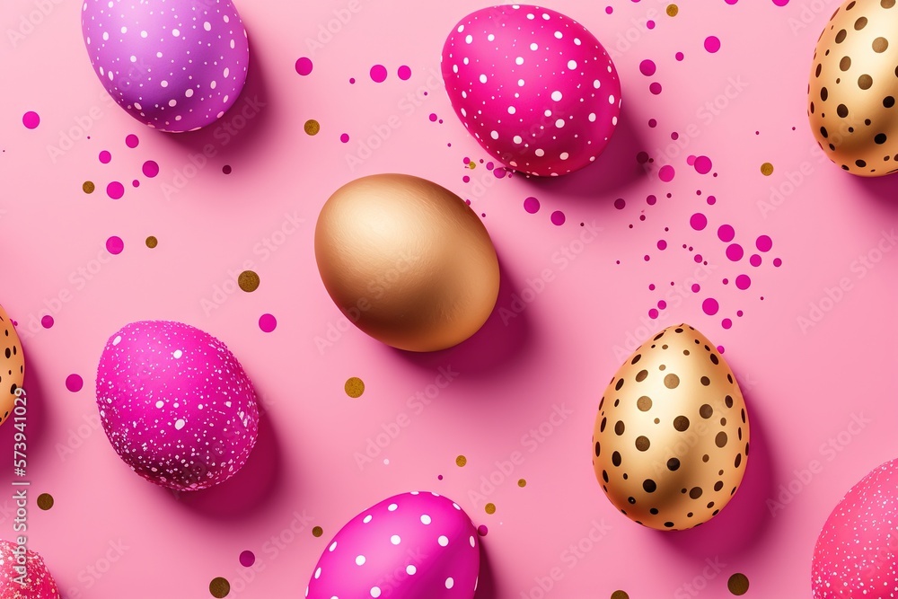  a pink background with gold polka dots and eggs on it.  generative ai