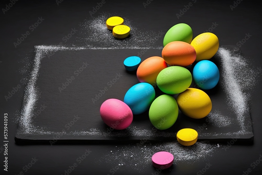  a bunch of colorful balls on a black surface with white powder.  generative ai