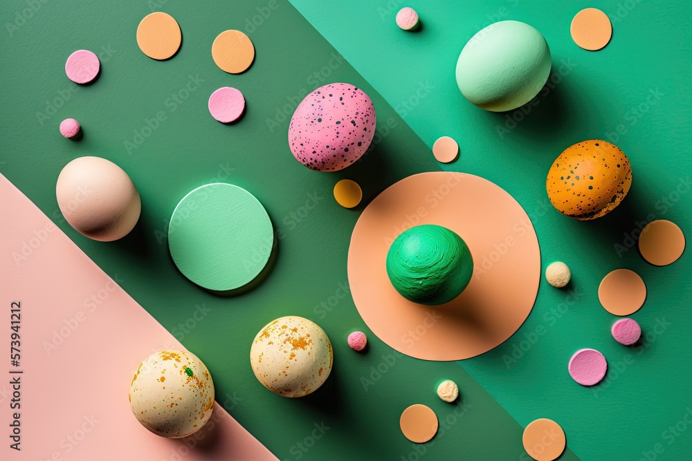  a group of different colored donuts on a green and pink background.  generative ai