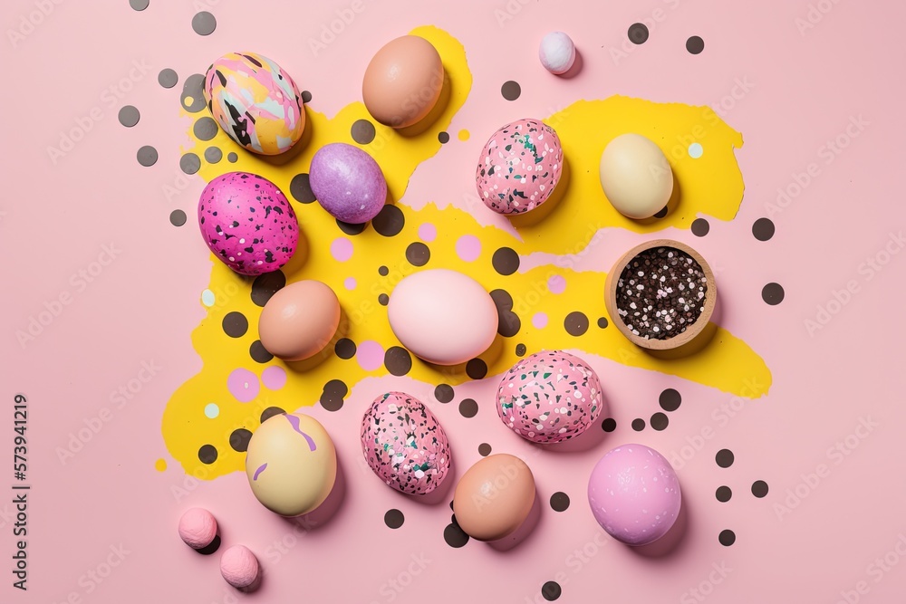  a bunch of different colored donuts on a yellow and pink background.  generative ai