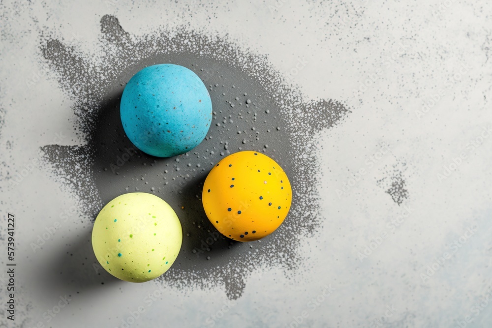  three bath bombs sitting on top of a gray surface with sprinkles.  generative ai