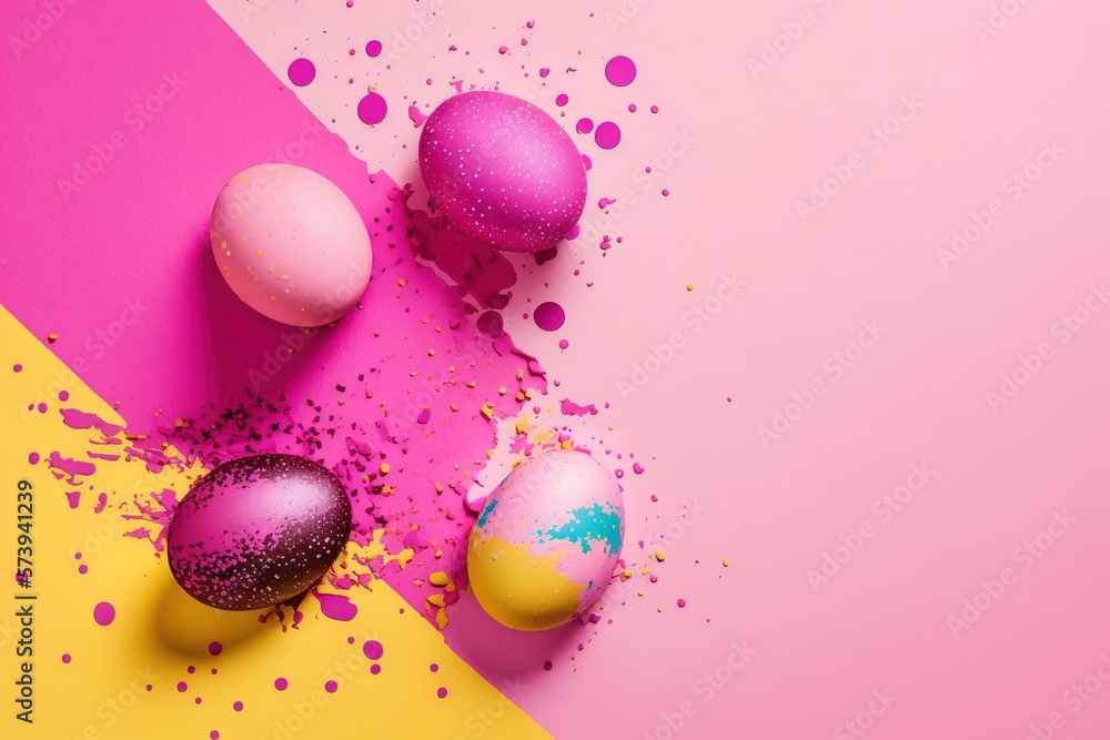  three colorful eggs on a pink, yellow and pink background.  generative ai