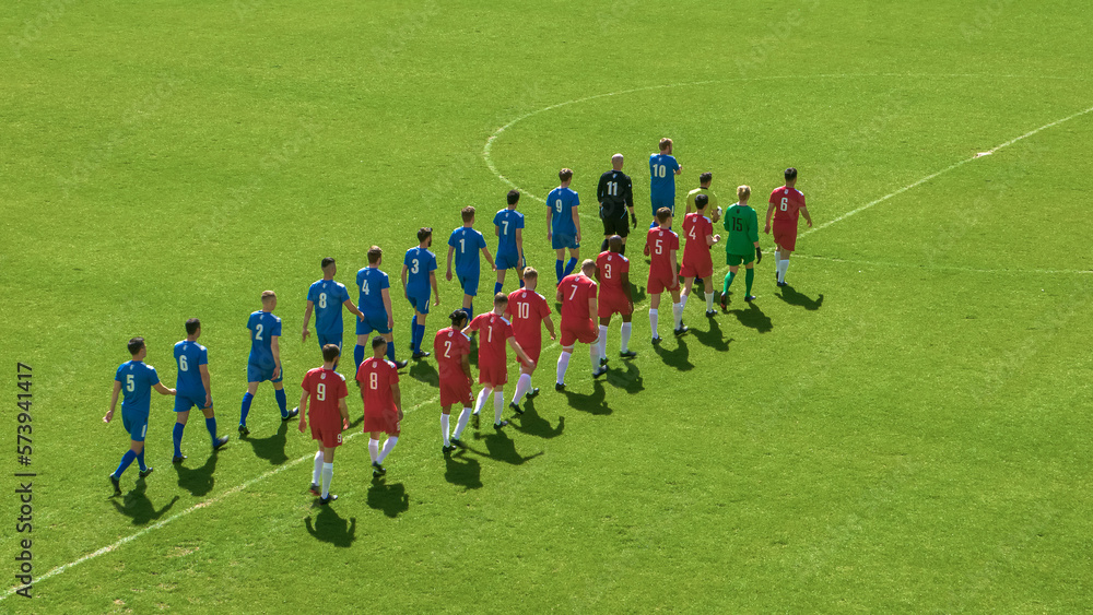 Soccer Championship Match the Beginning: Two Professional Football Teams Enter Stadium. Competition 