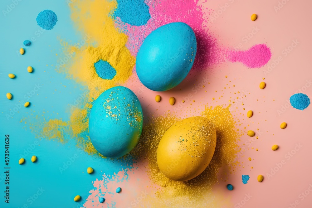  two blue and yellow eggs on a pink and blue background.  generative ai