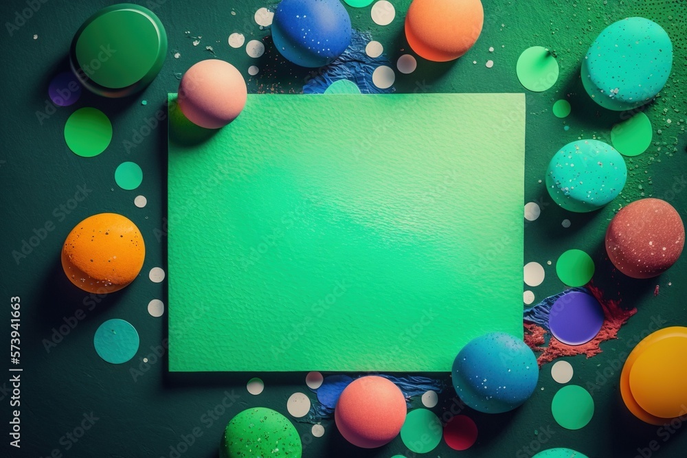  a green square surrounded by colorful eggs and confetti.  generative ai