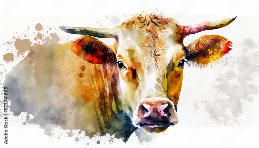  a painting of a brown cow with horns and a white background.  generative ai