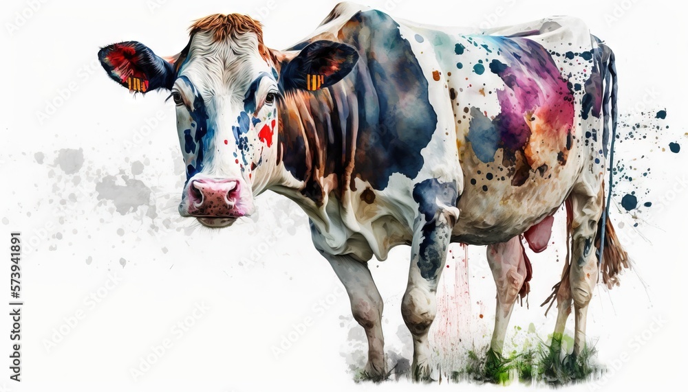  a painting of a cow standing in a field of grass.  generative ai