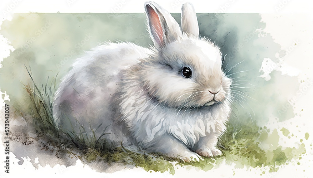  a watercolor painting of a white rabbit sitting in the grass.  generative ai