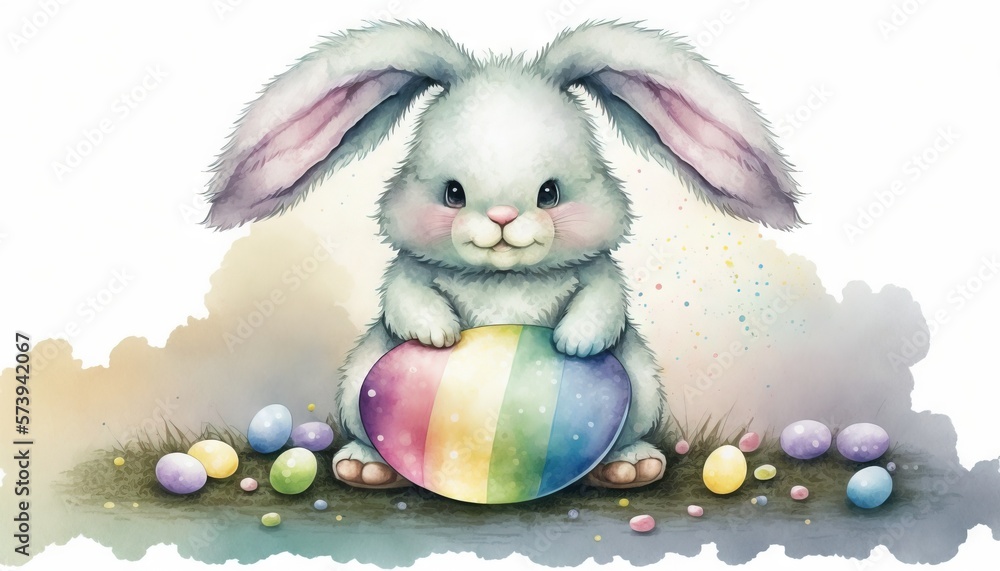  a white rabbit with a rainbow painted egg in the grass.  generative ai