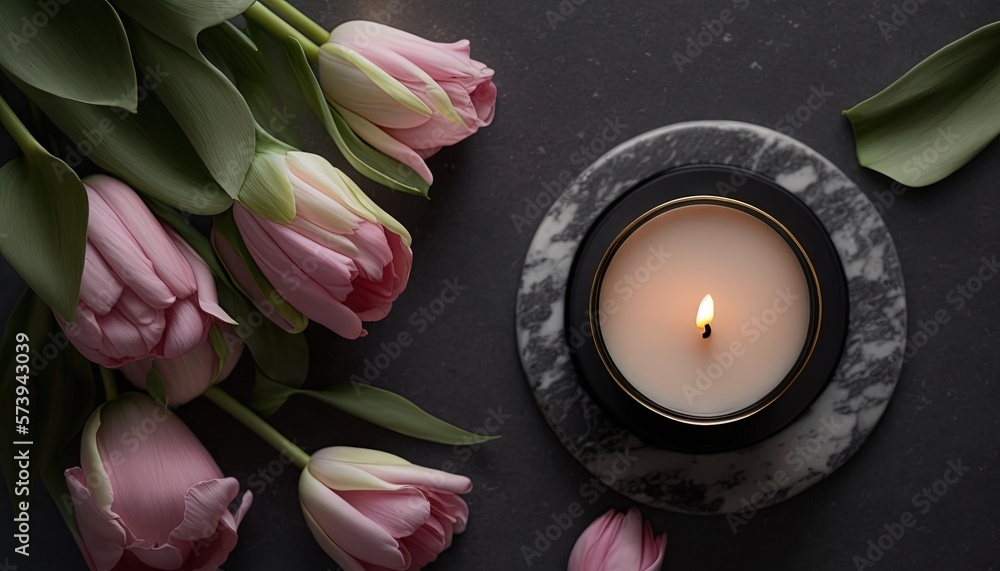  a candle and some pink flowers on a black table with a marble plate.  generative ai