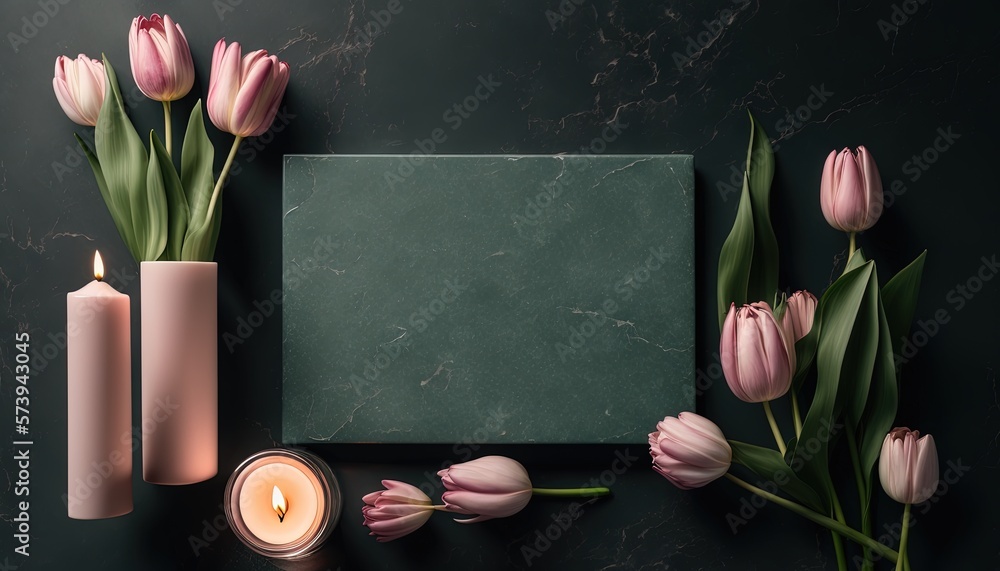  pink tulips, candles, and a green box on a table.  generative ai