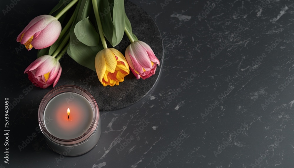  a candle and some flowers on a black table with a marble surface.  generative ai