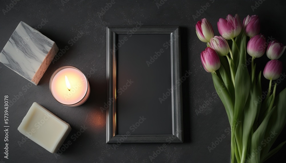  a picture frame, a candle, and some flowers on a table.  generative ai