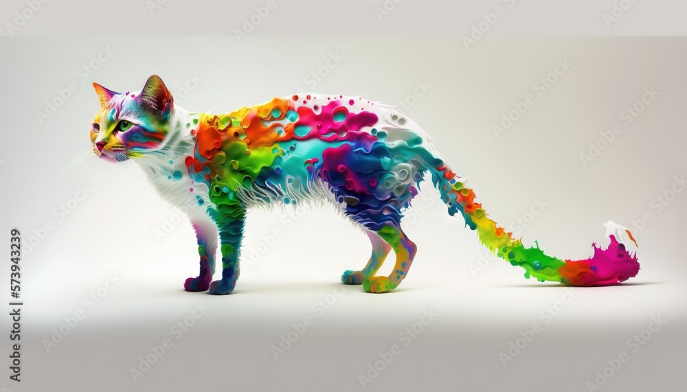  a colorful cat standing in front of a white background with lots of colors on it.  generative ai