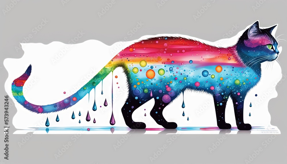  a colorful cat with drops of water on its tail.  generative ai