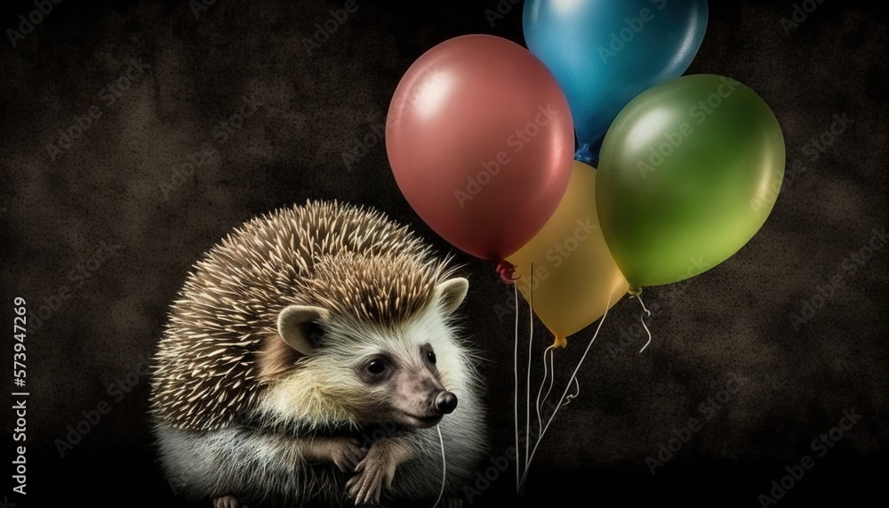  a hedgehog with a bunch of balloons on a dark background.  generative ai