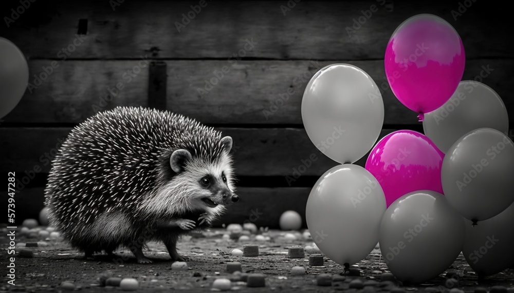  a hedgehog is standing in front of a bunch of balloons.  generative ai