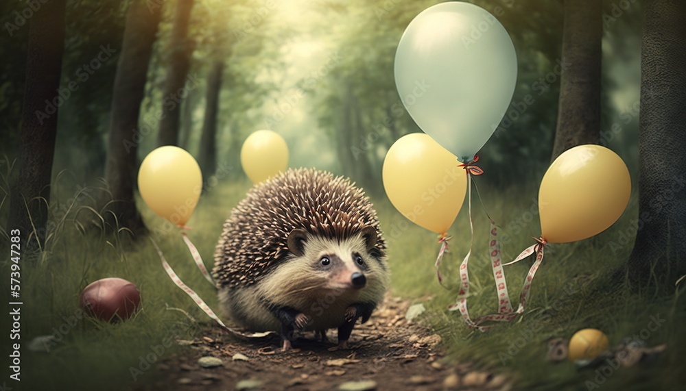  a hedgehog walking down a path with balloons in the air.  generative ai