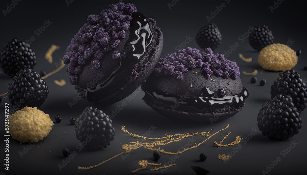  a black cake with purple frosting surrounded by blackberries.  generative ai