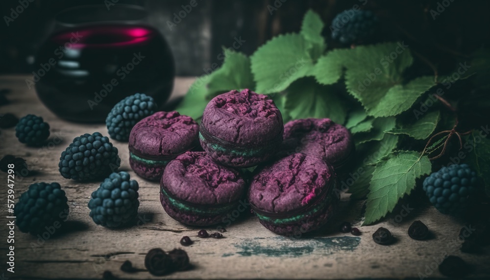  a pile of purple cookies next to a bunch of blackberries.  generative ai