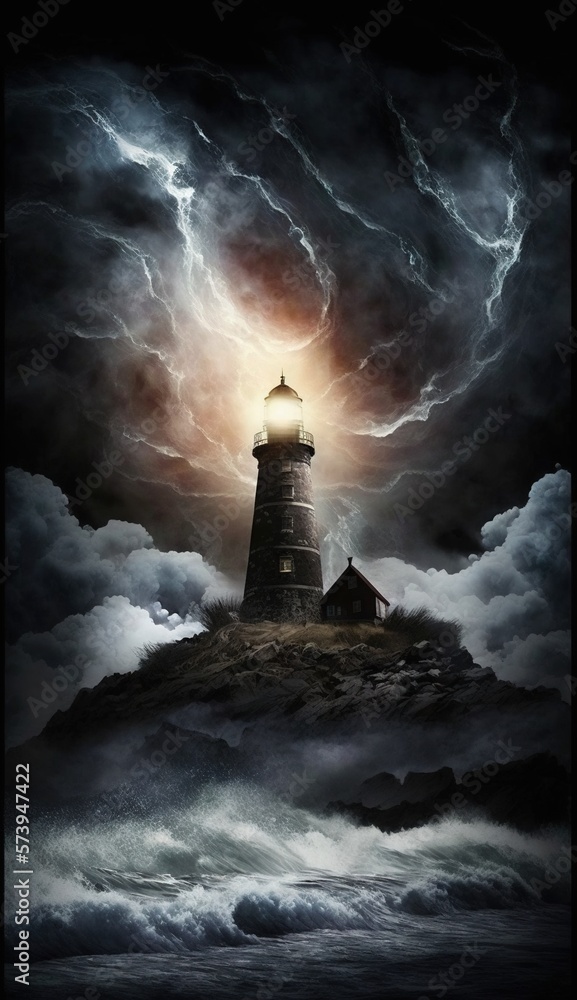  a painting of a lighthouse in the middle of a storm.  generative ai