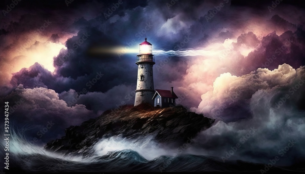  a lighthouse in the middle of a stormy sky with a light on top of it.  generative ai