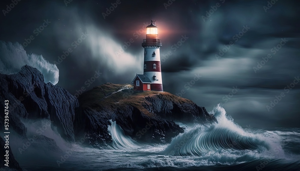  a lighthouse in the middle of the ocean with waves crashing around it.  generative ai