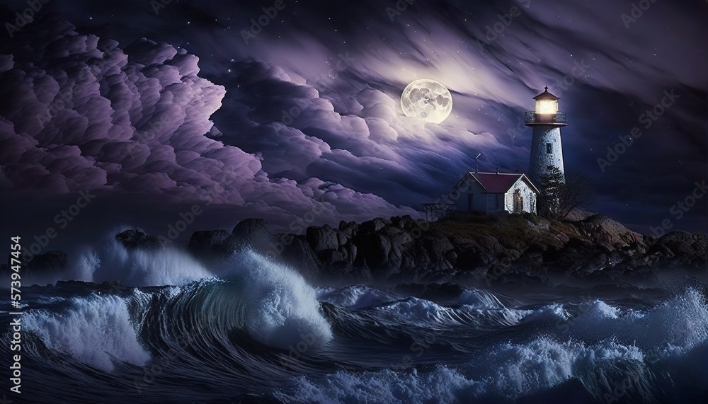  a lighthouse in the middle of the ocean with a full moon in the background.  generative ai