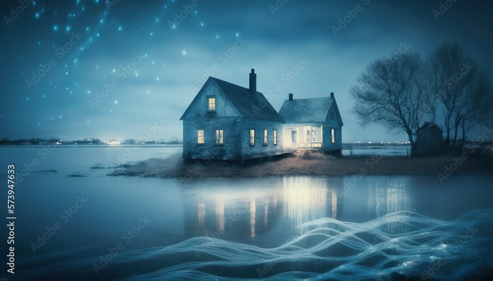  a painting of a house by the water at night with stars in the sky.  generative ai