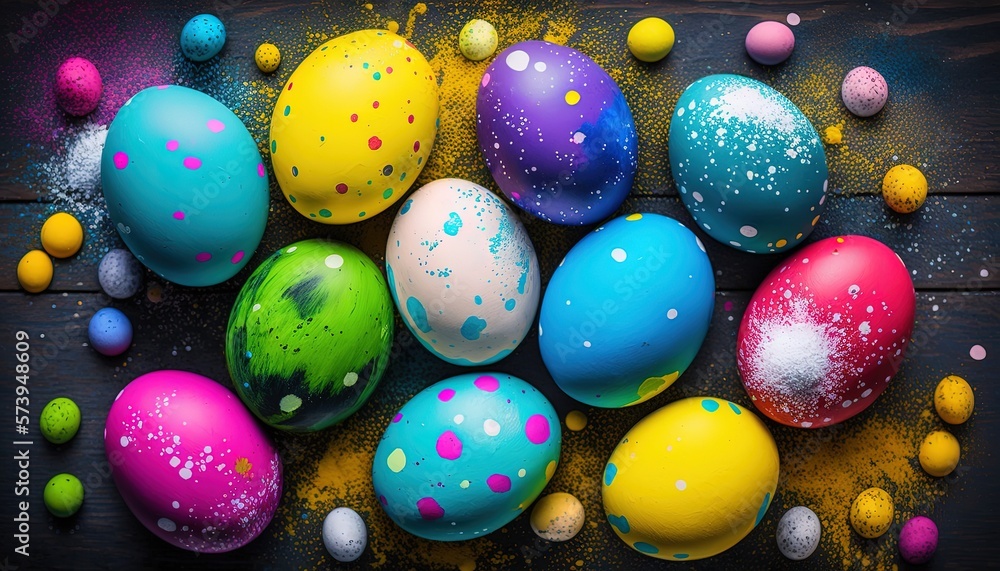  a group of colorful eggs on a wooden table with sprinkles.  generative ai