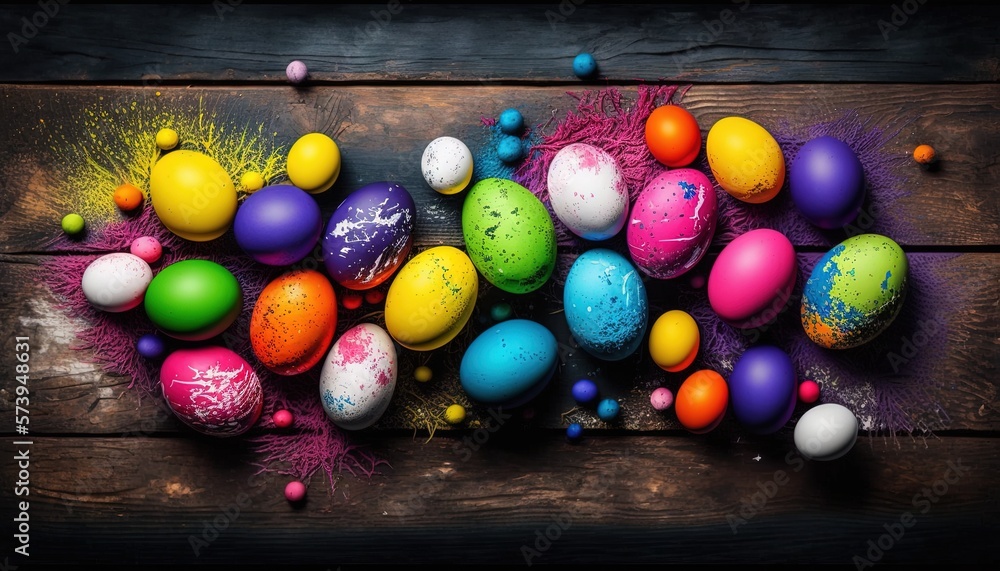  a bunch of colorful easter eggs on a wooden table with sprinkles.  generative ai