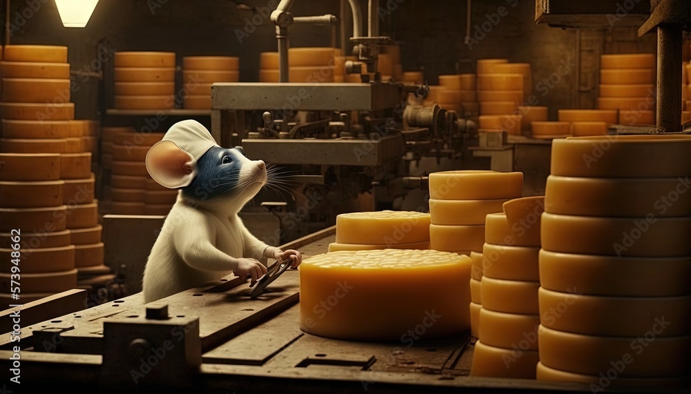  a mouse in a cheese factory with cheese stacked on a conveyor belt.  generative ai