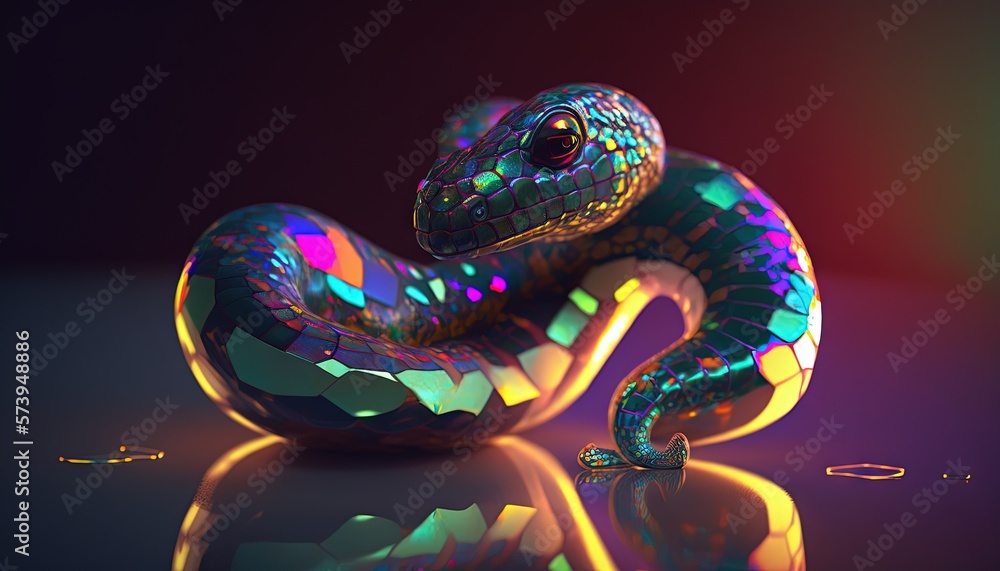  a colorful snake sitting on top of a shiny table top.  generative ai