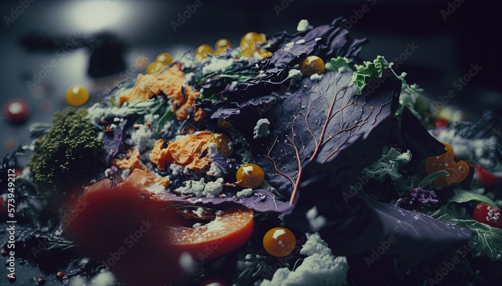  a plate of food with broccoli, tomatoes, and other vegetables.  generative ai