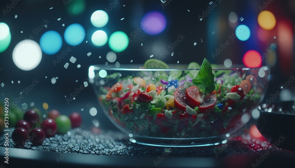  a salad in a glass bowl on a table next to a bowl of fruit.  generative ai