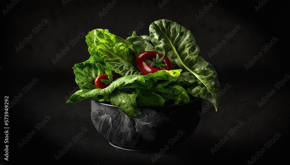  a black bowl filled with lettuce and red peppers.  generative ai