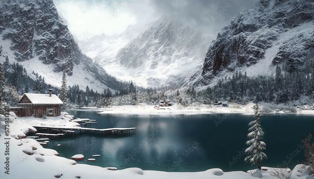  a lake surrounded by snow covered mountains and a cabin in the middle.  generative ai