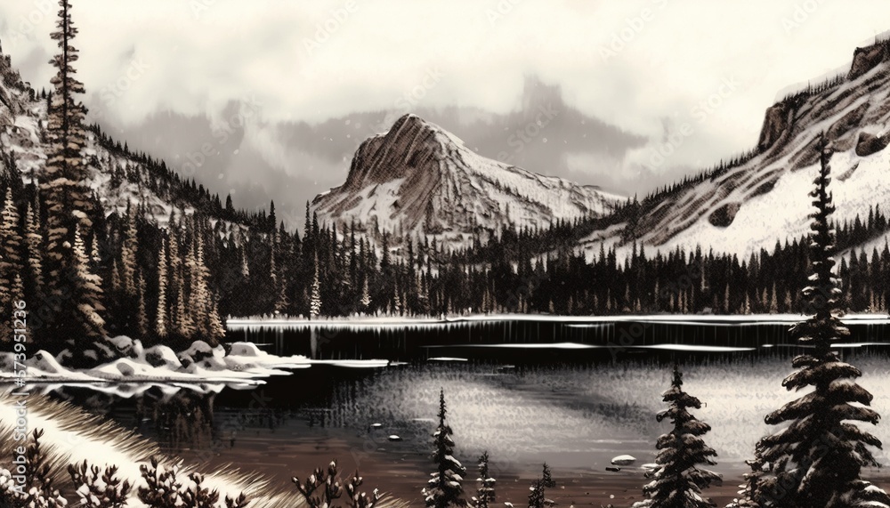  a painting of a mountain lake surrounded by snow covered trees.  generative ai