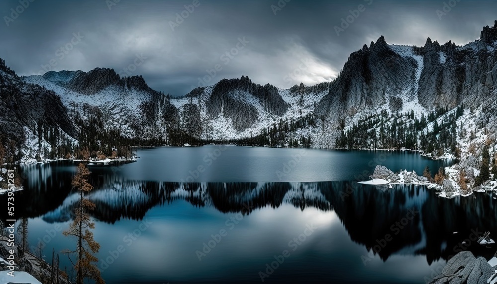  a mountain lake surrounded by snow covered trees and mountains in the background.  generative ai