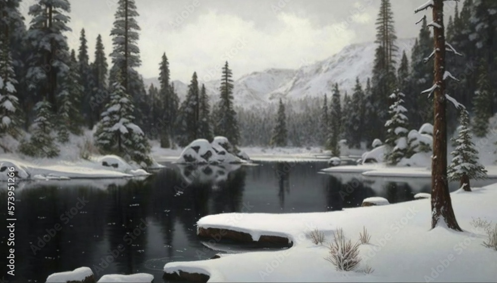  a painting of a snowy landscape with a lake and trees.  generative ai